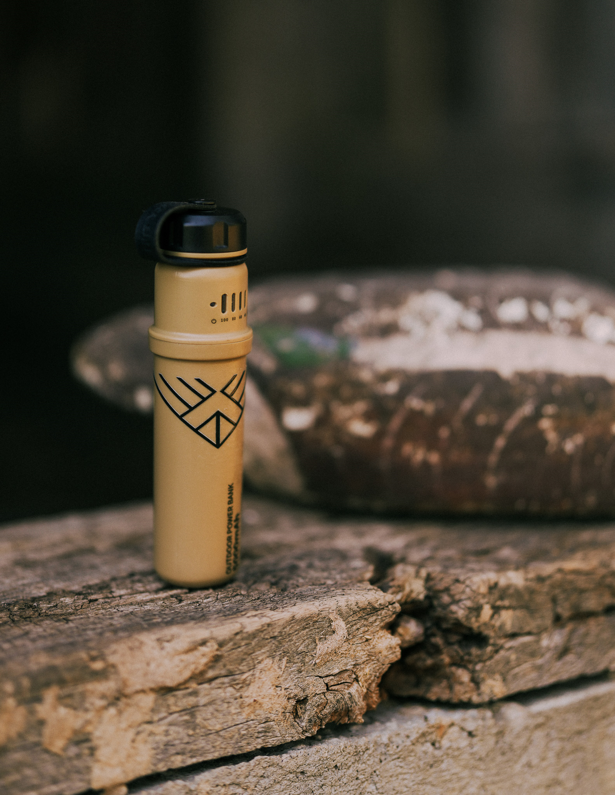 Tan Nest power bank with the Southern Field & Flyway sunrise mark, standing on a weathered log